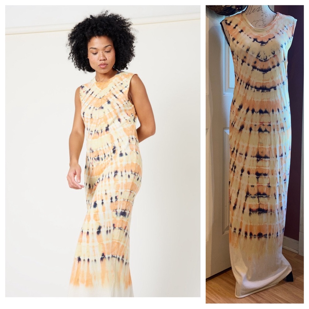 Raquel Allegra Muscle Maxi Tie Dye Sleeveless Dress Saffron Color Cotton Medium